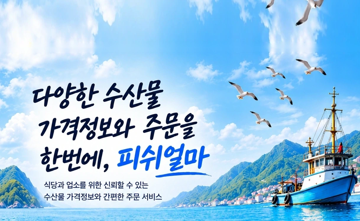 다양한 수산물 가격정보와 주문을 한번에, 피쉬얼마. 푸른 바다와 어선